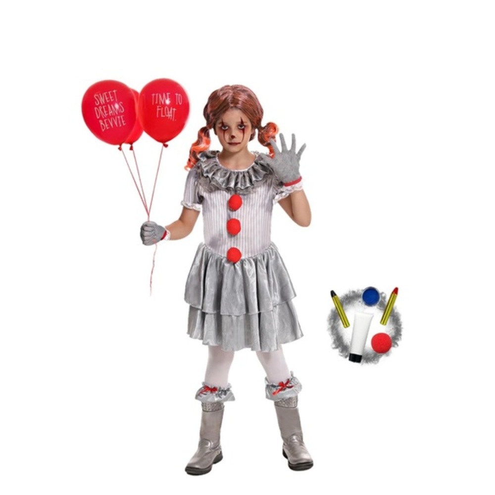 PENNYWISE scary creepy Halloween clown girl Costume dress & make up kit - small